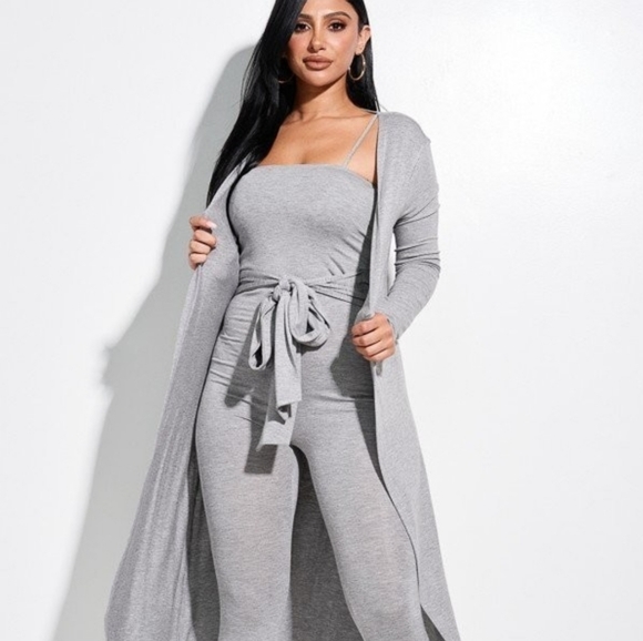 Pants - Grey Spaghetti Jumpsuit with Waist Tie and Duster!